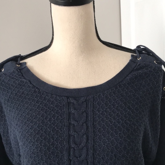 ❤️3X20 CAMAIEU Women Navy Blue Knit Criss Cross Shoulder Sweater - Picture 4 of 13